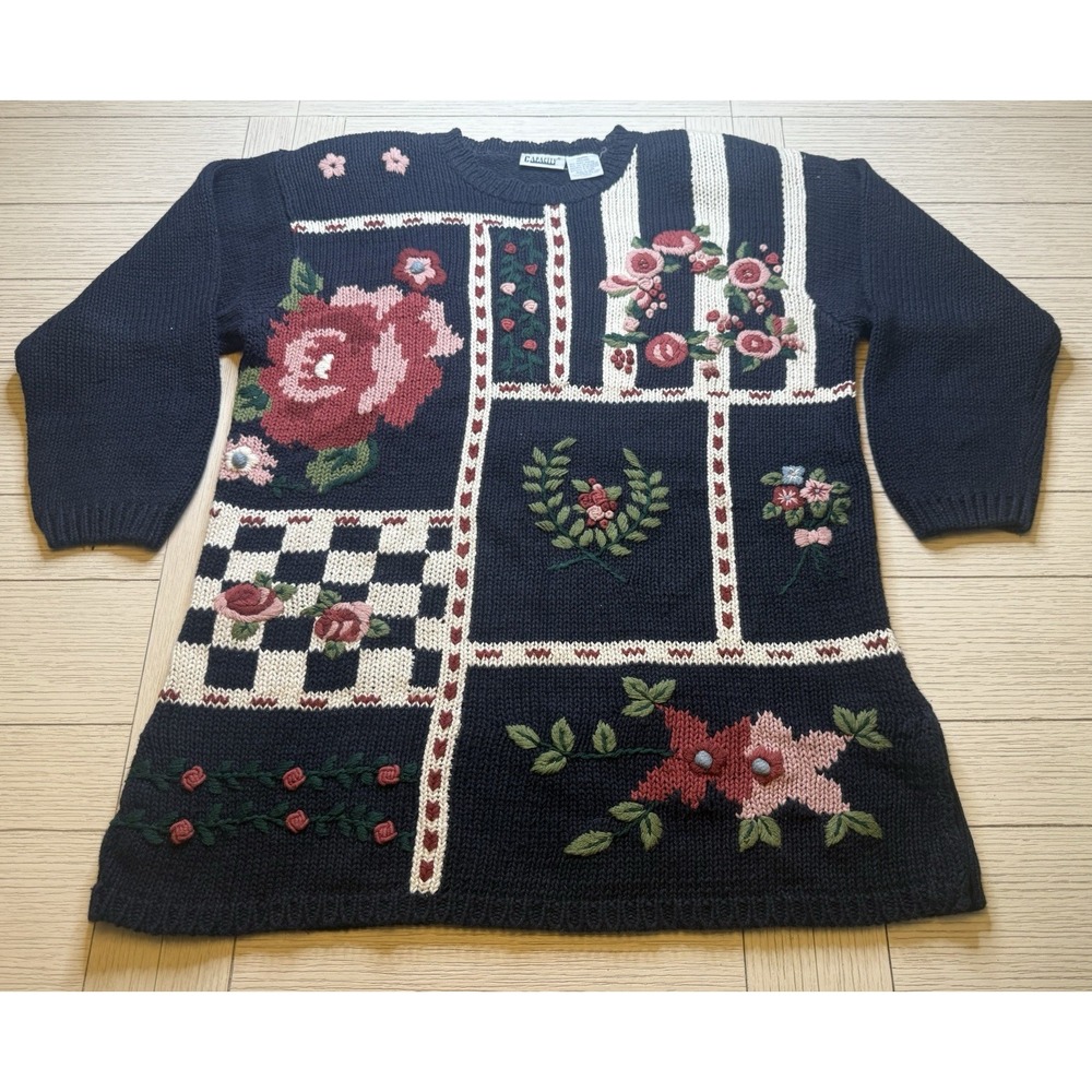 Capacity Vintage 80s Floral Navy & Pink Sweater‎ Chunky Knit W/ Shoulder Pads. M